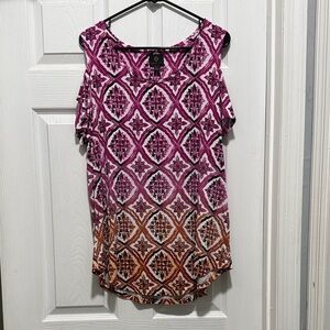 Geometric Patterned Tunic Cold Shoulder Pink and Orange Women's Top